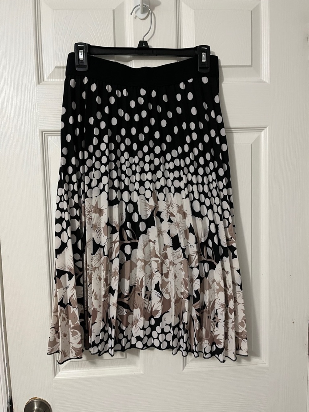 Metro Wear Black Polka Dot Midi Skirt with Beige Floral Hem